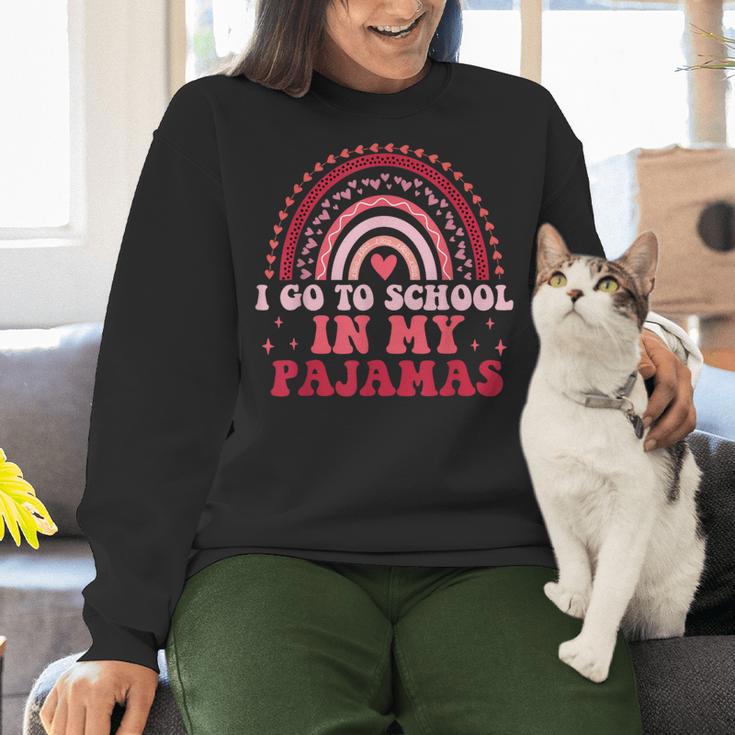 Rainbow Homeschool Mom Teacher I Go To School In My Pajamas Women Crewneck Sweatshirt, gift for family, gift for coworker