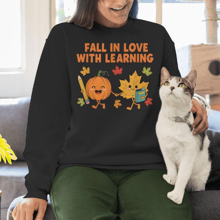 Retro Fall In Love With Learning Autumn Pumpkin Teacher Women Crewneck Sweatshirt, gift for family, gift for coworker Retro Fall In Love With Learning Autumn Pumpkin Teacher Women Crewneck Sweatshirt, gift for family, gift for coworker