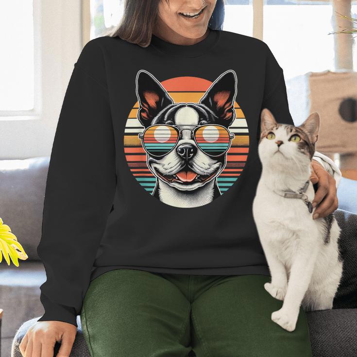Retro Sunset Sunglasses Boston Terrier Boston Bull Bostie Women Crewneck Sweatshirt, gift for family, gift for coworker