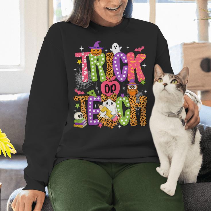 Retro Trick Or Teach Leopard Ghost Halloween Spooky Teacher Women Crewneck Sweatshirt, gift for family, gift for coworker Retro Trick Or Teach Leopard Ghost Halloween Spooky Teacher Women Crewneck Sweatshirt, gift for family, gift for coworker