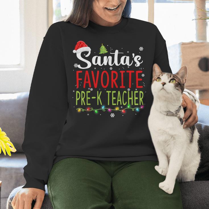 Santa's Favorite Pre-K Teacher Christmas Santa Hat Lights For Men Women Kids Women Crewneck Sweatshirt, gift for family, gift for coworker