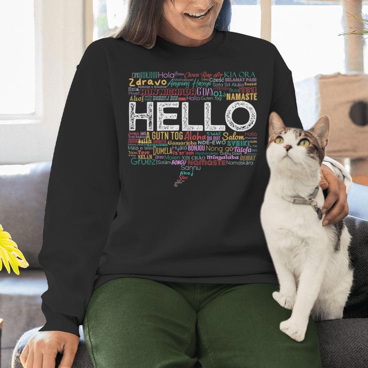 Start With Hello Different World Language Learning Teacher Women Crewneck Sweatshirt, gift for family, gift for coworker