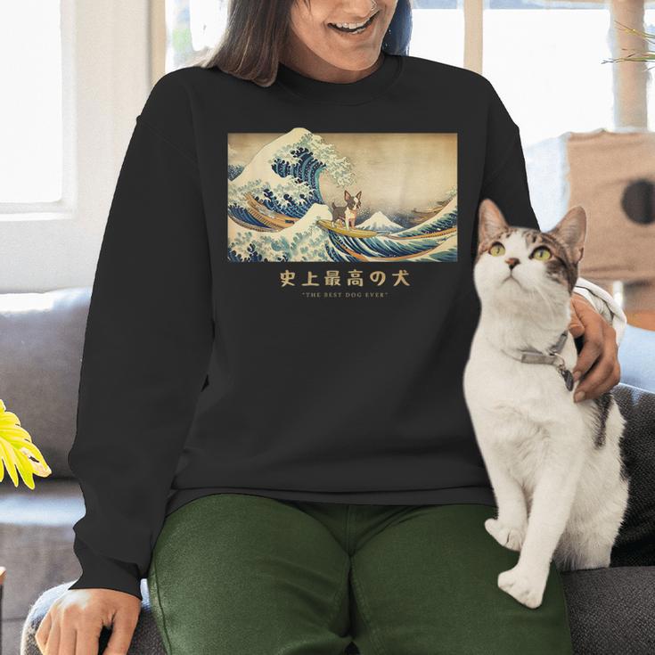 Surfing Boston Terrier Kanagawa Wave Japanese Dog For Men Women Kids Women Crewneck Sweatshirt, gift for family, gift for coworker