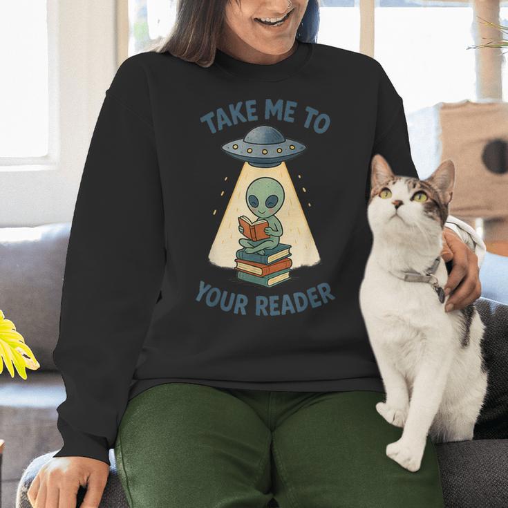 Teacher Alien Books UFO Reading Take Me To Your Reader Women Crewneck Sweatshirt, gift for family, gift for coworker Teacher Alien Books UFO Reading Take Me To Your Reader Women Crewneck Sweatshirt, gift for family, gift for coworker