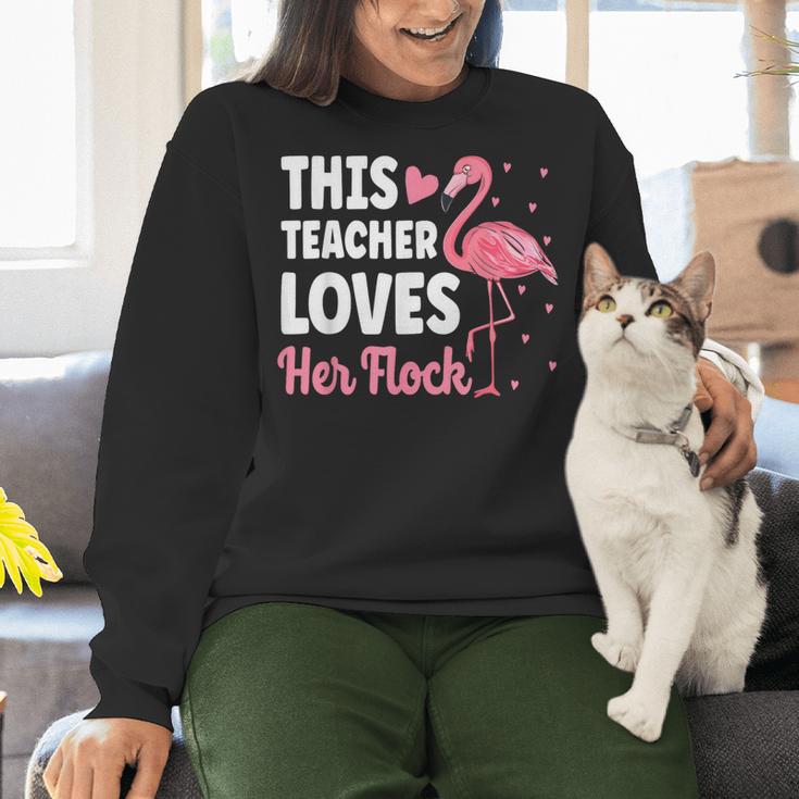 This Teacher Loves Her Flock Teaching Flamingo Girl Women Crewneck Sweatshirt, gift for family, gift for coworker