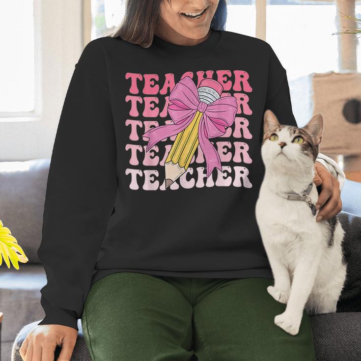 Teacher Pencil Back To School Groovy Pink Teacher First Day Women Crewneck Sweatshirt, Groovy Teacher Sweatshirts, gift for family, gift for coworker
