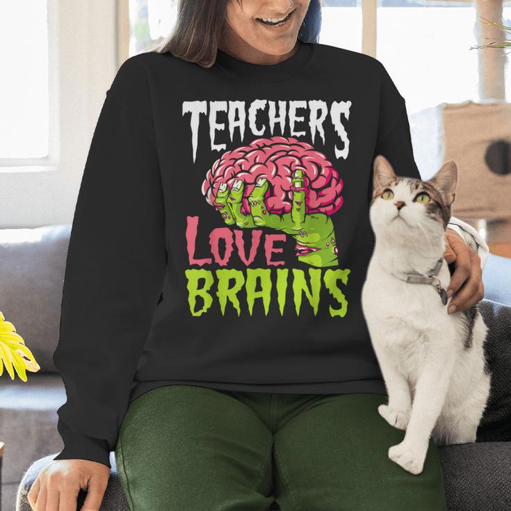 Teachers Love Brains Zombie Teacher Halloween Zombies Women Crewneck Sweatshirt, gift for family, gift for coworker