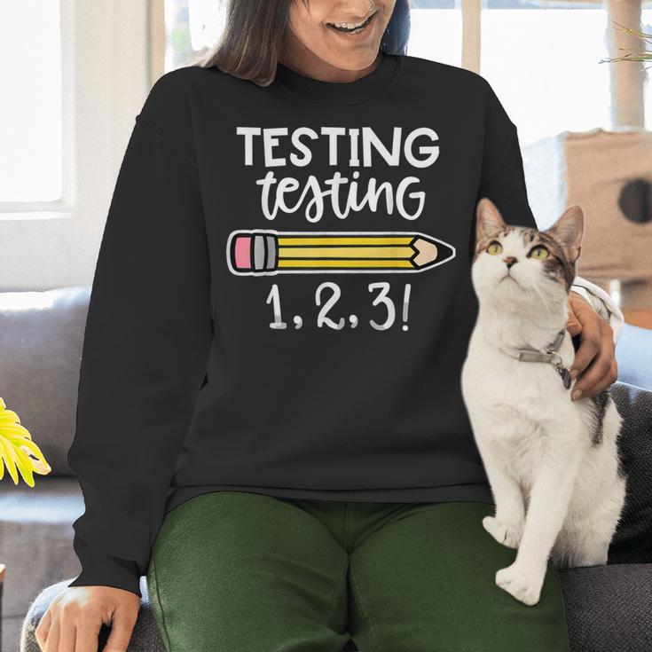 Testing Testing 123 Cute Test Day School Teacher Exam For Men Women Girls Kids Women Crewneck Sweatshirt, gift for family, gift for coworker