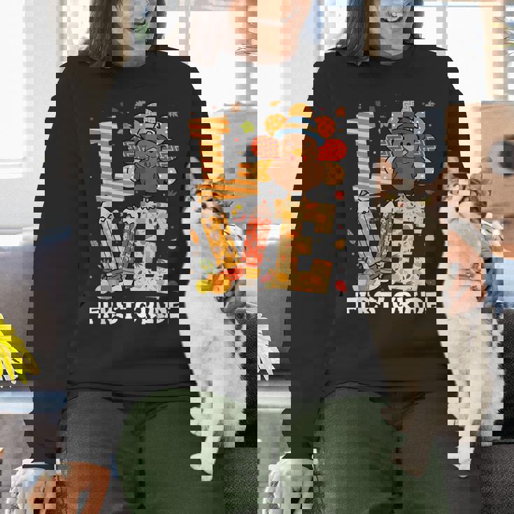 Thanksgiving Love First Grade Teacher Turkey Autumn Fall For Men Women Girls Kids Women Crewneck Sweatshirt, First Grade Teacher Sweatshirts, gift for family, gift for coworker