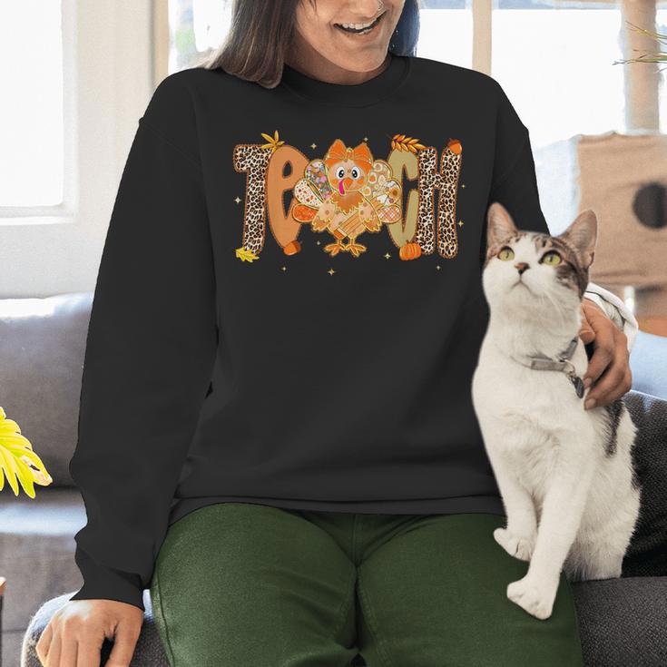 Thanksgiving Turkey Teach Thankful Teacher Girly Bow Women Women Crewneck Sweatshirt, gift for family, gift for coworker