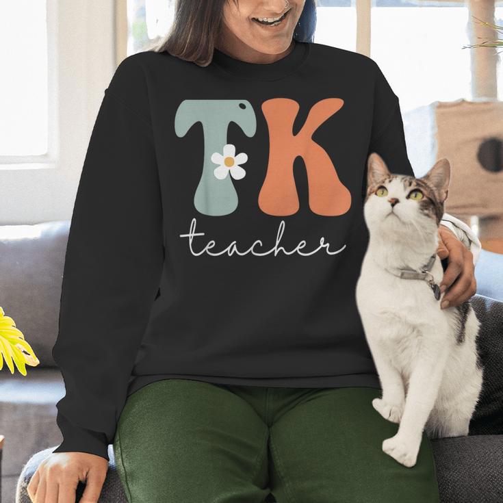 TK Teacher Retro Groovy Vintage Happy First Day Of School Women Crewneck Sweatshirt, Groovy Teacher Sweatshirts, gift for family, gift for coworker