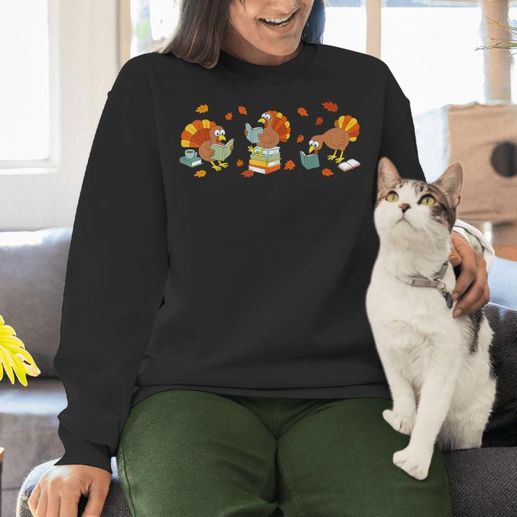 Turkey Reading Books Fall Thanksgiving Teacher Book Lovers Women Crewneck Sweatshirt, gift for family, gift for coworker