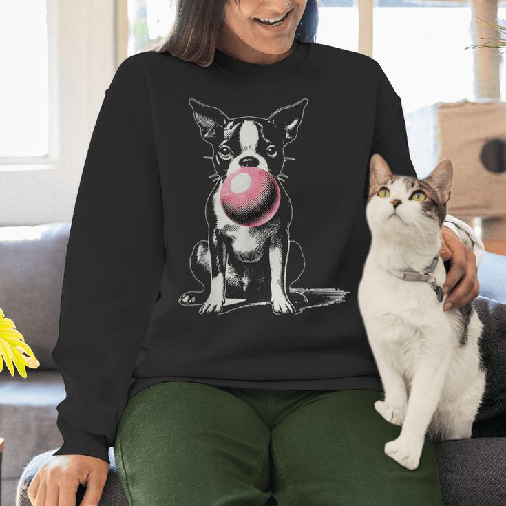 Vintage Boston Terrier Blowing Bubble Gum American Gentleman Women Crewneck Sweatshirt, American Boston Terrier Sweatshirts, gift for family, gift for coworker