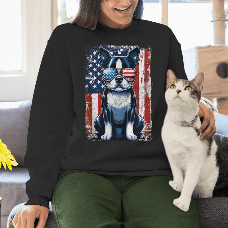 Vintage Boston Terrier Dog American USA US Flag Pets Lovers Tank Top Women Crewneck Sweatshirt, American Boston Terrier Sweatshirts, gift for family, gift for coworker