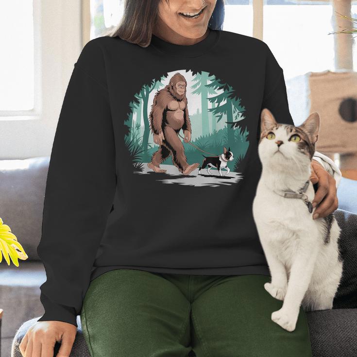 Whimsical Forest Adventures Sasquatch Bigfoot Walking Boston Terrier Dog Lovers Women Crewneck Sweatshirt, gift for family, gift for coworker
