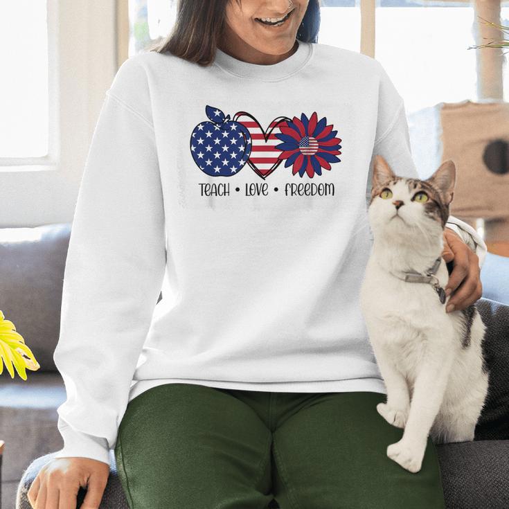American Flag Teach Love Freedom Preschool Teacher 4th July Women Crewneck Sweatshirt, gift for family, gift for coworker