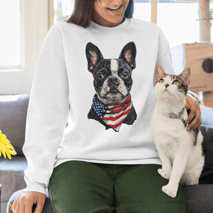 Boston Terrier American Flag Women Crewneck Sweatshirt, American Boston Terrier Sweatshirts, gift for family, gift for coworker