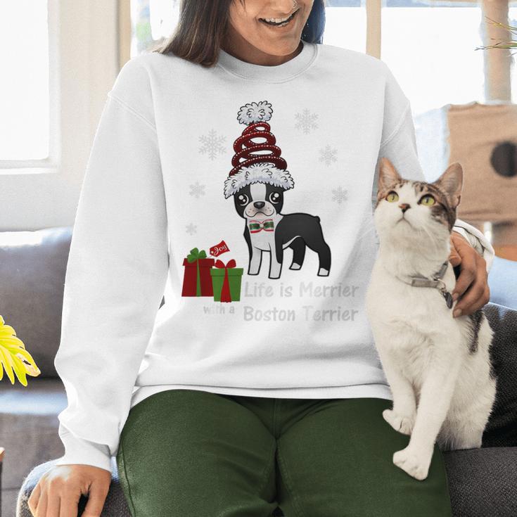 Boston Terrier Christmas T Shirt-Life Is Merrier Premium Tri-Blend Women Crewneck Sweatshirt, Boston Terrier Christmas Sweatshirts, gift for family, gift for coworker