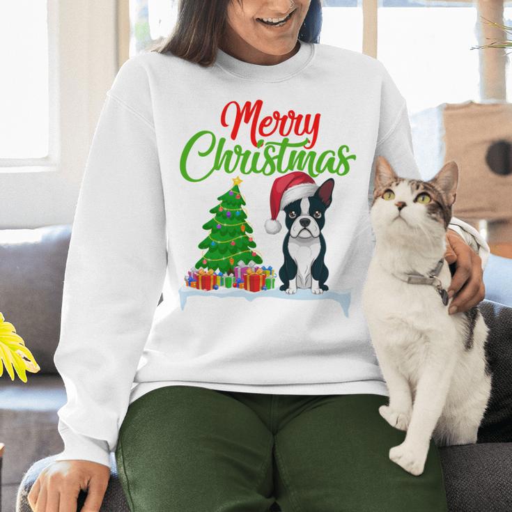 Boston Terrier Christmas Tree Lights Xmas Dog Lover Women Crewneck Sweatshirt, Boston Terrier Christmas Sweatshirts, gift for family, gift for coworker