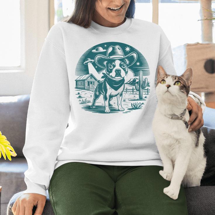 Boston Terrier Cowboy UFO Shirt Vintage Western Dog Mom Tee Women Crewneck Sweatshirt, Boston Terrier Mom Sweatshirts, gift for family, gift for coworker