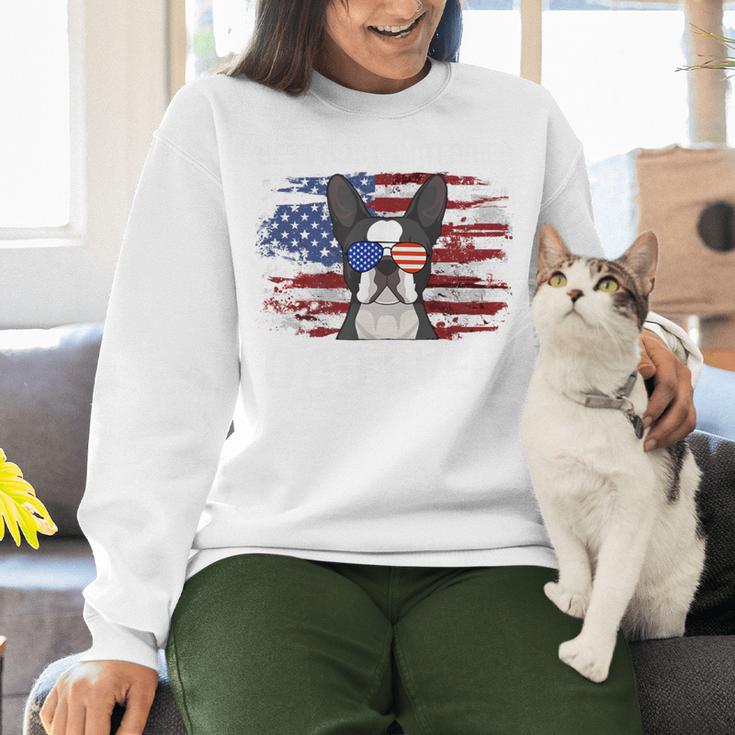 Boston Terrier Dad American Flag 4th Of July Dog Fathers Day Women Crewneck Sweatshirt, American Boston Terrier Sweatshirts, Boston Terrier Dad Sweatshirts, Boston Terrier 4th Of July Sweatshirts, gift for family, gift for coworker
