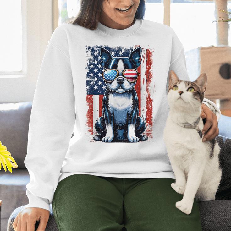 Boston Terrier Dog American USA US Flag Pets Vintage Outfit Women Crewneck Sweatshirt, American Boston Terrier Sweatshirts, gift for family, gift for coworker