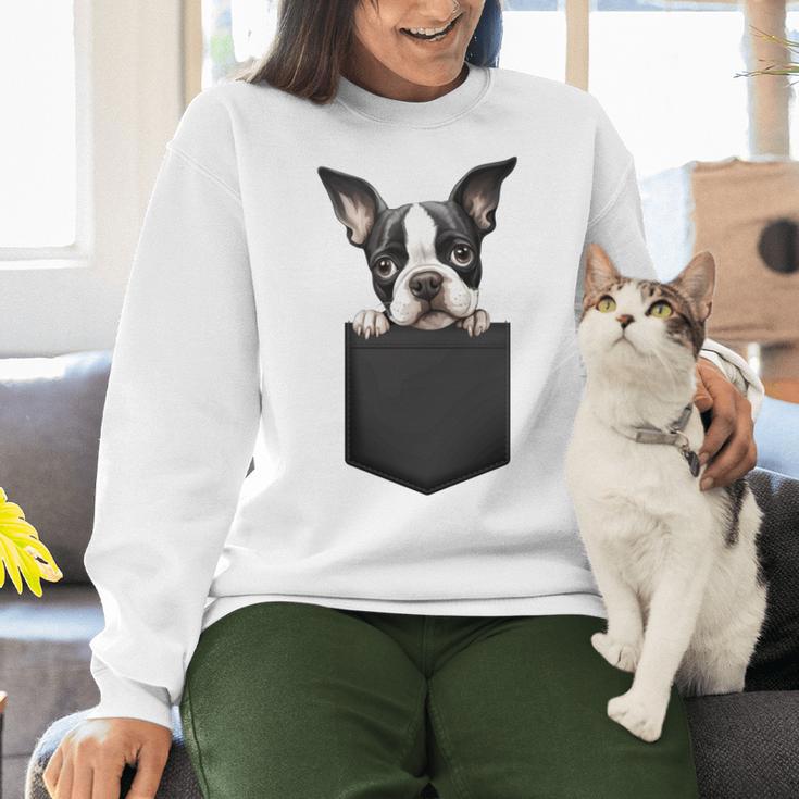 Boston Terrier Dog Puppy Dog In Pocket Cute Pet Lover Women Crewneck Sweatshirt, gift for family, gift for coworker