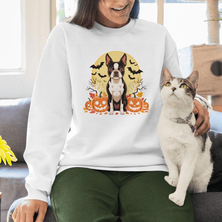 Boston Terrier Halloween Dog Lover Pumpkin Costume Women Crewneck Sweatshirt, Boston Terrier Halloween Sweatshirts, gift for family, gift for coworker