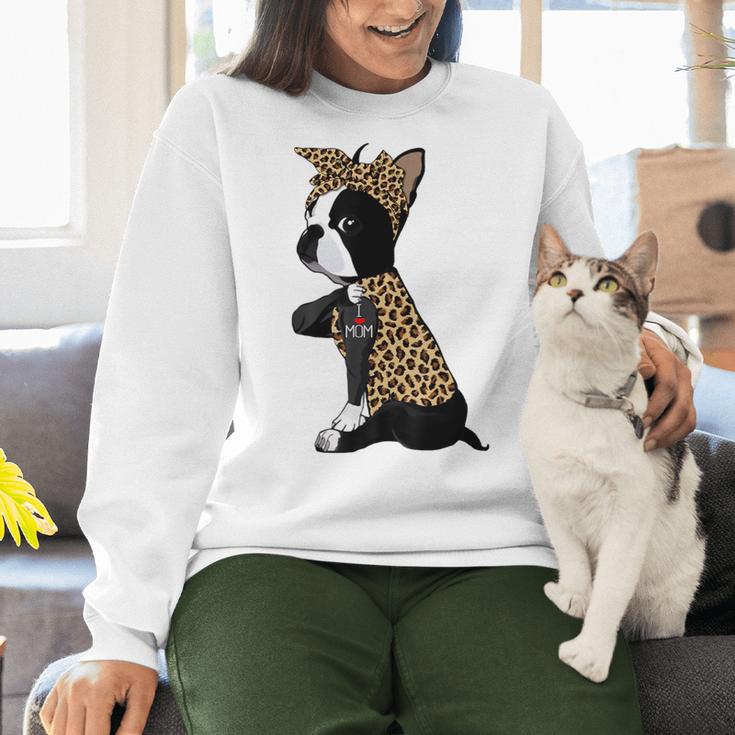 Boston Terrier Lover I Love Mom Tattoo Leopard Women Crewneck Sweatshirt, Boston Terrier Mom Sweatshirts, gift for family, gift for coworker