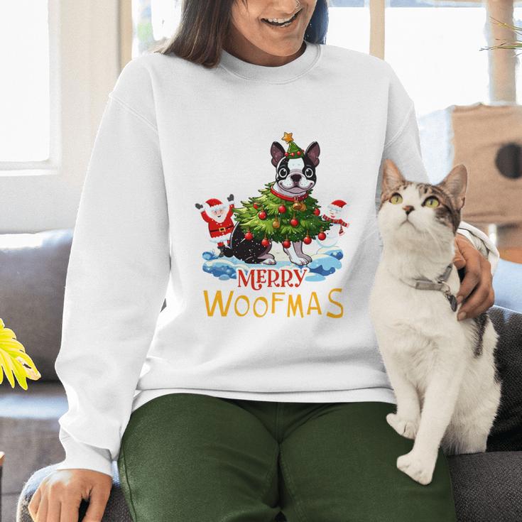 Boston Terrier Merry Christmas Tree Lights Dog X-Mas Dogs Women Crewneck Sweatshirt, Boston Terrier Christmas Sweatshirts, gift for family, gift for coworker