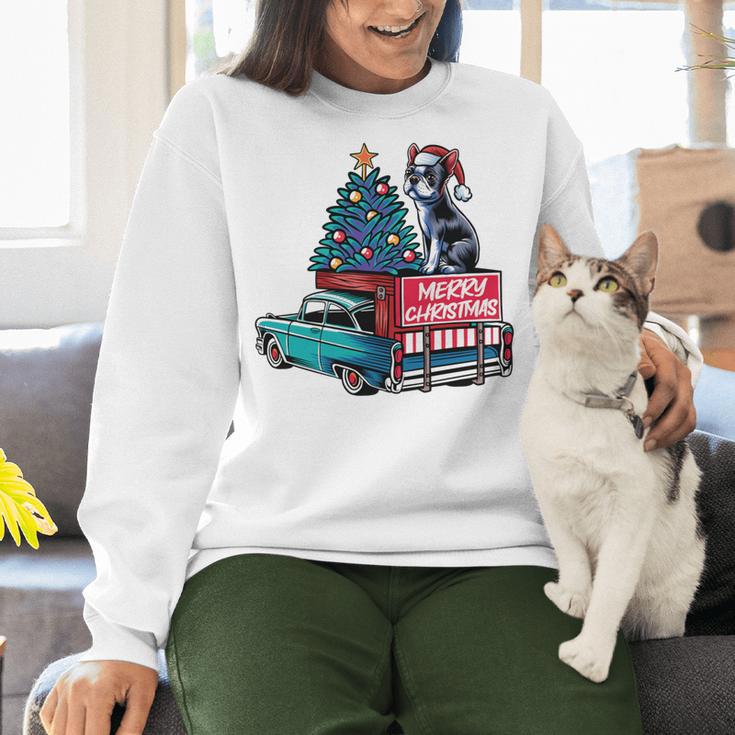 Boston Terrier Merry Christmas Tree Truck Santa Dog X-Mas Women Crewneck Sweatshirt, Boston Terrier Christmas Sweatshirts, gift for family, gift for coworker