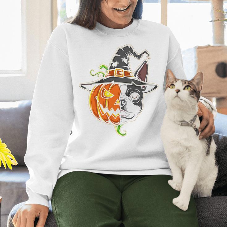 Boston Terrier Pumpkin Jack O Lantern Halloween Women Crewneck Sweatshirt, Boston Terrier Halloween Sweatshirts, gift for family, gift for coworker