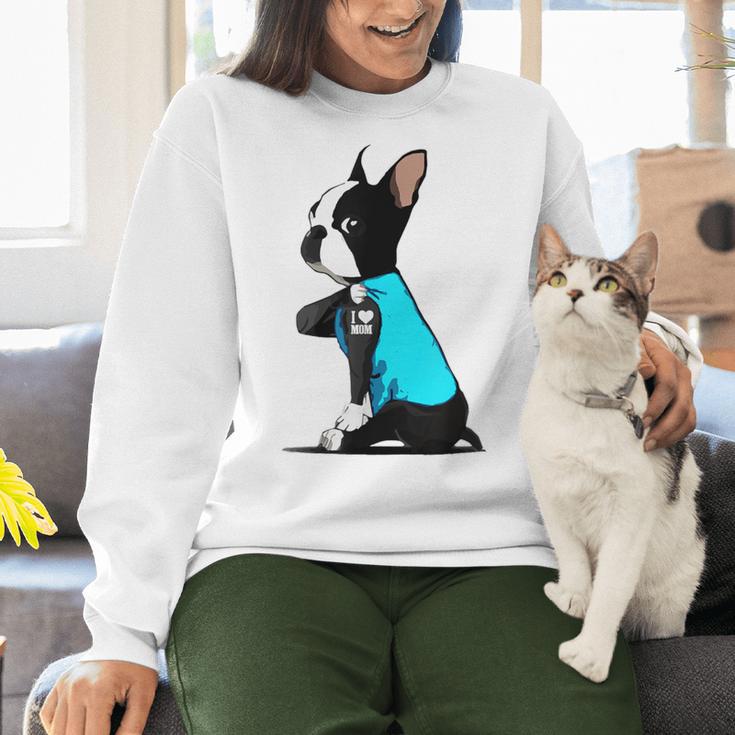 Boston Terrier Tattoos I Love Mom Women Crewneck Sweatshirt, Boston Terrier Mom Sweatshirts, gift for family, gift for coworker