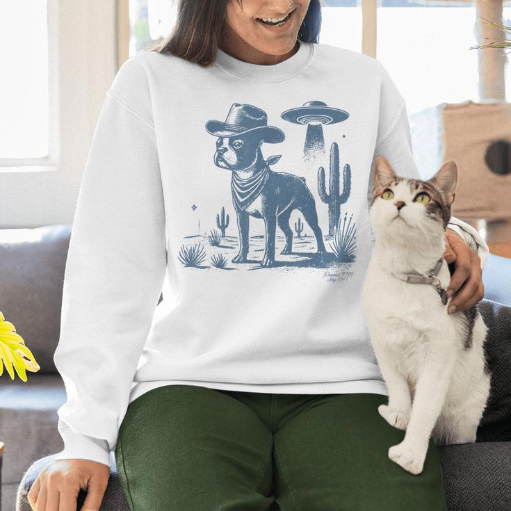 Boston Terrier UFO Cowboy Dog Dog Mom Dog Dad Alien Dog Women Crewneck Sweatshirt, Boston Terrier Mom Sweatshirts, Boston Terrier Dad Sweatshirts, gift for family, gift for coworker