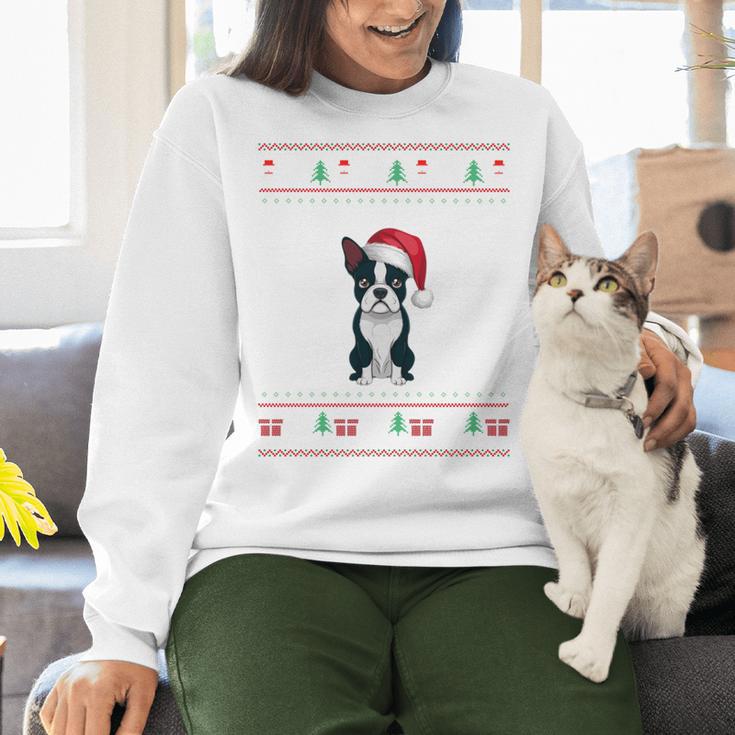 Boston Terrier Wearing Santa Hat Ugly Xmas Dog Lovers Women Crewneck Sweatshirt, gift for family, gift for coworker