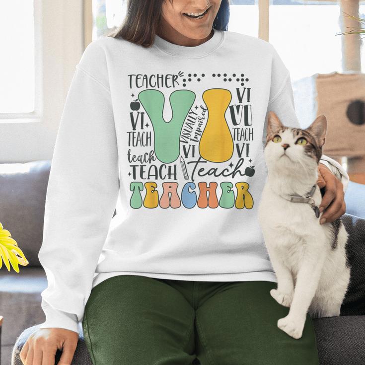 Braille Teacher Of The Visually Impaired Groovy VI Teacher Women Crewneck Sweatshirt, Groovy Teacher Sweatshirts, gift for family, gift for coworker