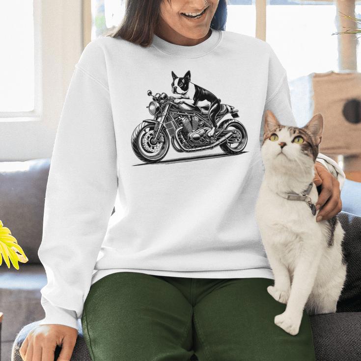Cool Boston Terrier Riding a Motorcycle Biker Dog Lover For Men Women Kids Women Crewneck Sweatshirt, Boston Terrier Riding Sweatshirts, gift for family, gift for coworker