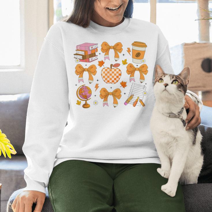 Coquette Bow Teacher Thanksgiving Fall Autumn Girls Women Women Crewneck Sweatshirt, gift for family, gift for coworker Coquette Bow Teacher Thanksgiving Fall Autumn Girls Women Women Crewneck Sweatshirt, gift for family, gift for coworker