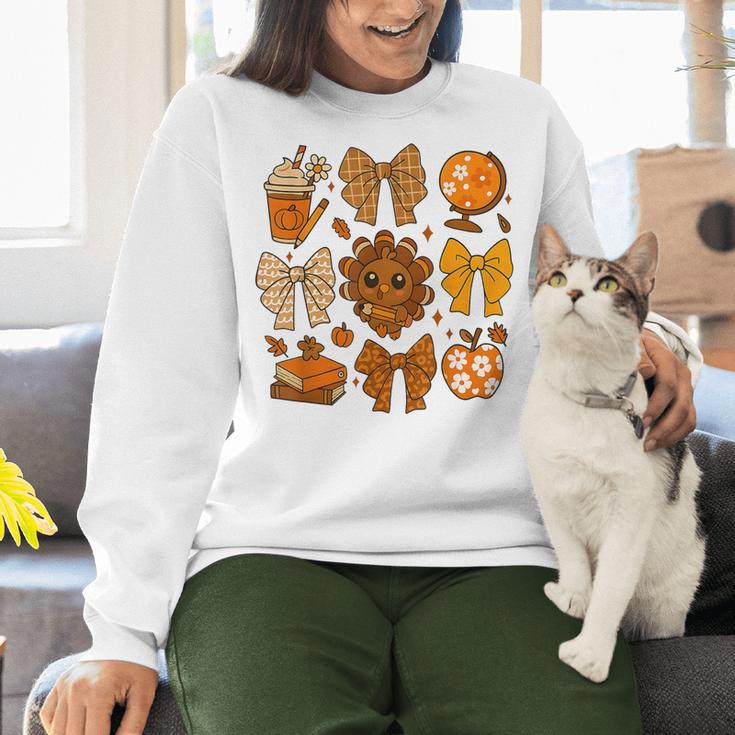 Coquette Teach Teacher Bows Thanksgiving Turkey Fall Autumn Women Crewneck Sweatshirt, gift for family, gift for coworker