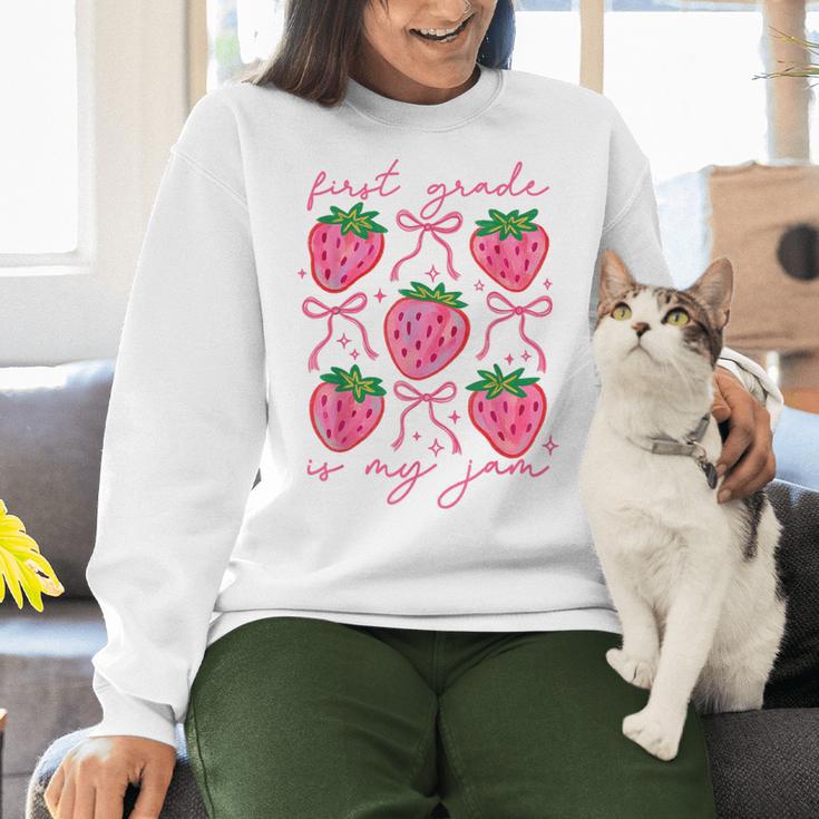 First Grade Is My Jam Strawberry First Grade Teacher Women Women Crewneck Sweatshirt, First Grade Teacher Sweatshirts, gift for family, gift for coworker