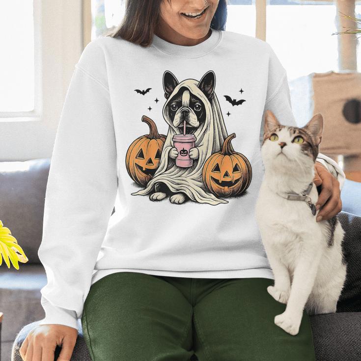 Halloween Boston Terrier Ghost Women Crewneck Sweatshirt, Boston Terrier Ghost Sweatshirts, Boston Terrier Halloween Sweatshirts, gift for family, gift for coworker