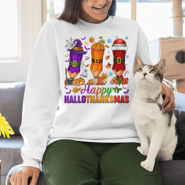 Happy Hallothanksmas Halloween Thanksgiving Pencils Teachers Women Crewneck Sweatshirt, gift for family, gift for coworker Happy Hallothanksmas Halloween Thanksgiving Pencils Teachers Women Crewneck Sweatshirt, gift for family, gift for coworker