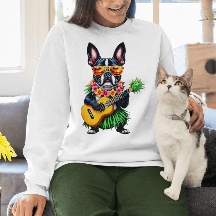 Hawaiian Boston Terrier & Pineapple Ukulele Summer Vacation Women Crewneck Sweatshirt, gift for family, gift for coworker