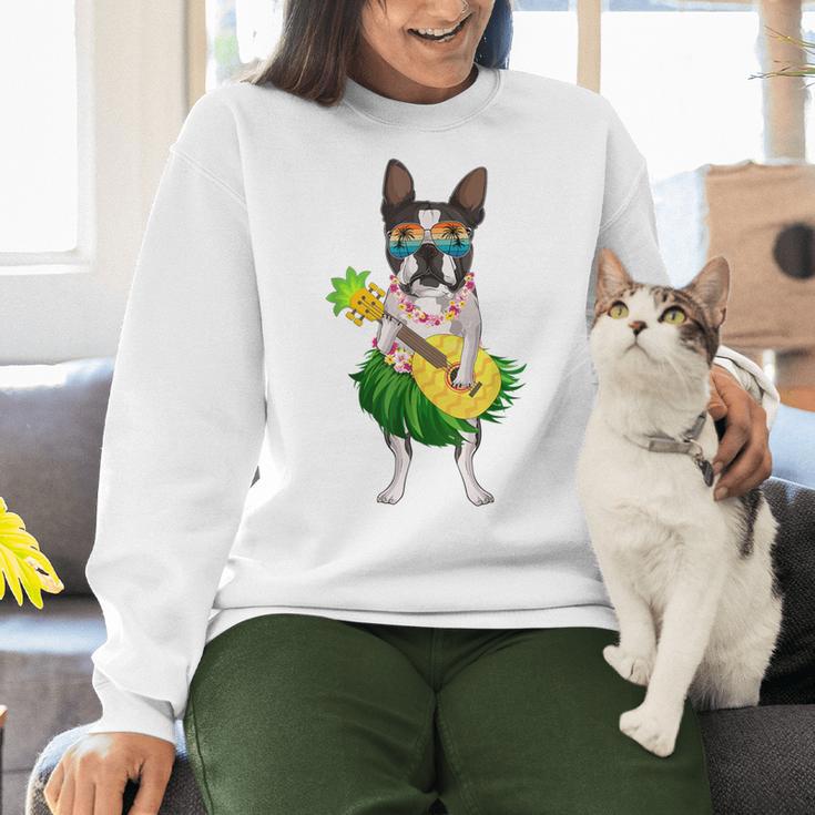 Hawaiian Boston Terrier Dog Pineapple Ukulele Summer For Men Women Girls Kids Women Crewneck Sweatshirt, gift for family, gift for coworker