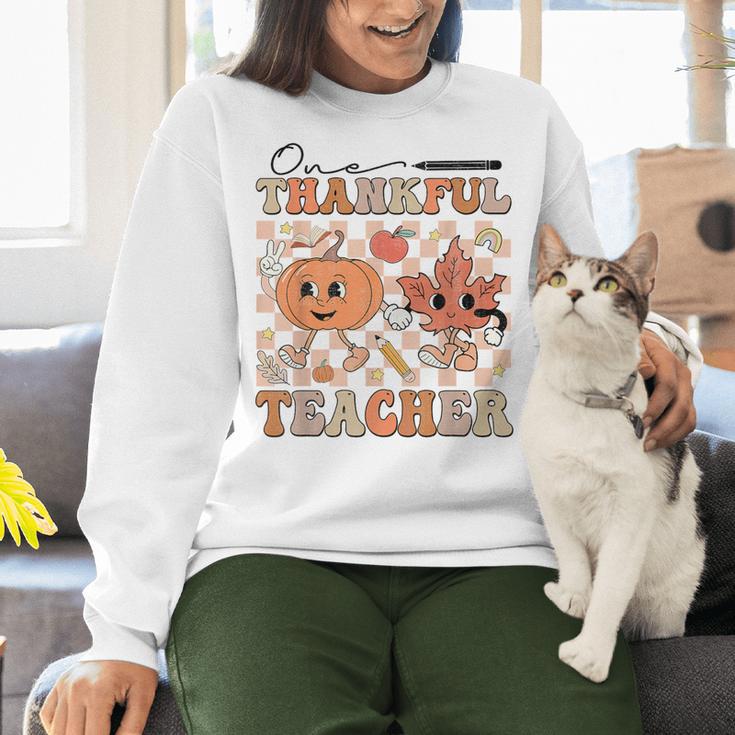 One Thankful Teacher Thanksgiving Groovy Fall Autumn Teacher Women Crewneck Sweatshirt, Groovy Teacher Sweatshirts, gift for family, gift for coworker
