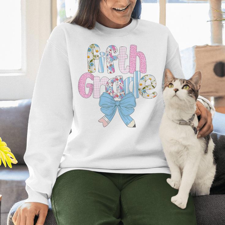 Preppy Fifth Grade Teacher Blue Floral Coquette Pencil Bow Women Crewneck Sweatshirt, gift for family, gift for coworker