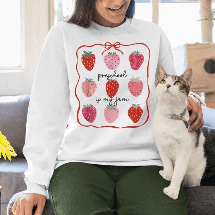 Preschool Is My Jam Strawberry Teacher First Day Of School Women Crewneck Sweatshirt, gift for family, gift for coworker Preschool Is My Jam Strawberry Teacher First Day Of School Women Crewneck Sweatshirt, gift for family, gift for coworker