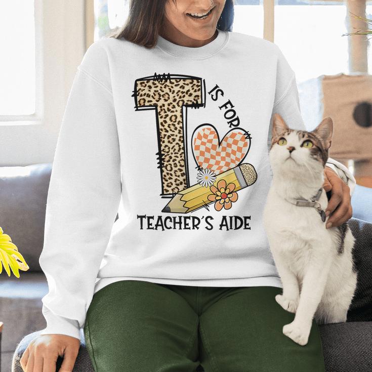 T Is For Teacher’s Aide Back To First Day Of School Leopard Men Women Girls Kids Women Crewneck Sweatshirt, gift for family, gift for coworker