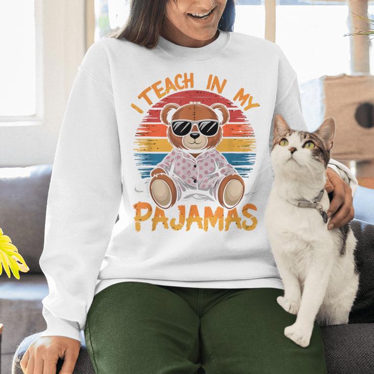 I Teach In My Pajamas Teacher Sunset Bear Retro Women Crewneck Sweatshirt, gift for family, gift for coworker