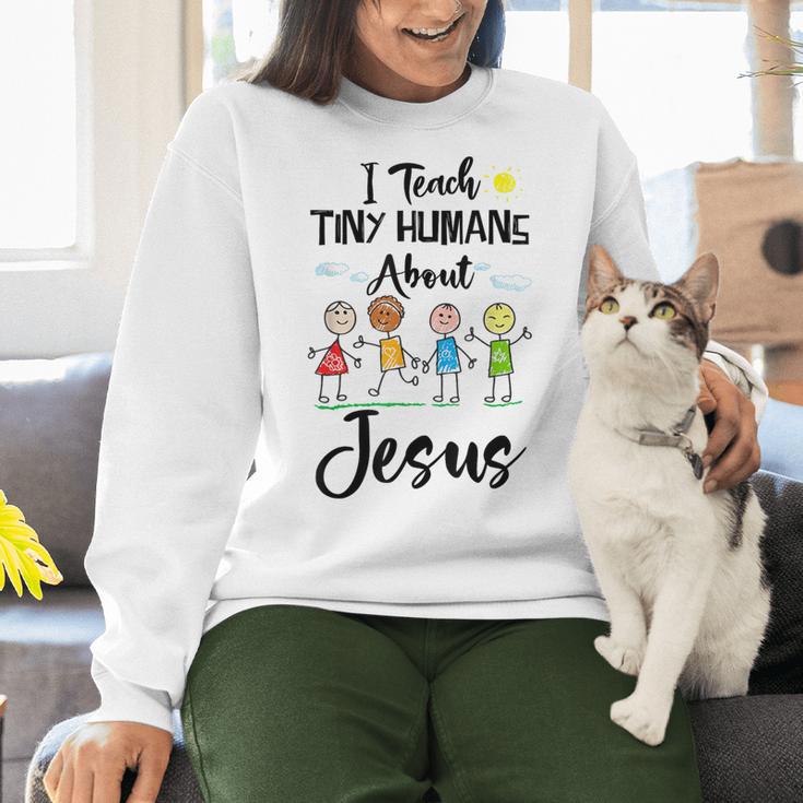 I Teach Tiny Humans About Jesus Sunday School Teacher Women Crewneck Sweatshirt, gift for family, gift for coworker I Teach Tiny Humans About Jesus Sunday School Teacher Women Crewneck Sweatshirt, gift for family, gift for coworker
